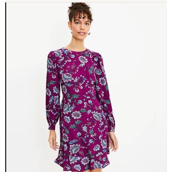 Ann Taylor Loft floral Mock Neck Dress Sz. 8 Plum/Purple  Boho Feminine Romantic - Picture 1 of 10